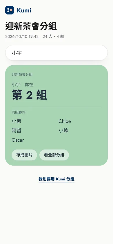 Kumi 的分享頁,顯示「你在第 2 組」和同組夥伴